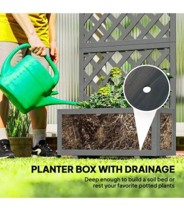 Outsunny Wood Planter with Trellis for Climbing Plants, Raised Bed, Planter Box with Drainage Holes to Grow Herbs Flowers, Grey