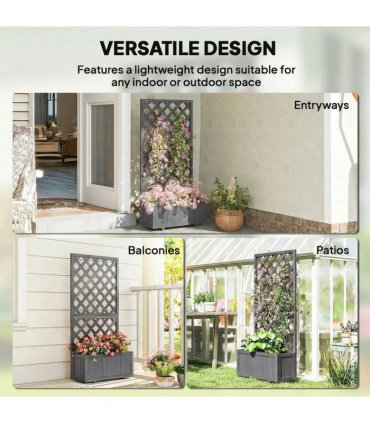 Outsunny Wood Planter with Trellis for Climbing Plants, Raised Bed, Planter Box with Drainage Holes to Grow Herbs Flowers, Grey