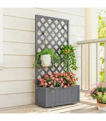 Outsunny Wood Planter with Trellis for Climbing Plants, Raised Bed, Planter Box with Drainage Holes to Grow Herbs Flowers, Grey