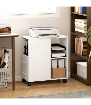 HOMCOM Narrow Mobile Printer Table with Wheels, Rolling Printer Stand with Drawers for Home Office, 30 x 60 x 65 cm, White