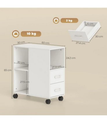 HOMCOM Narrow Mobile Printer Table with Wheels, Rolling Printer Stand with Drawers for Home Office, 30 x 60 x 65 cm, White