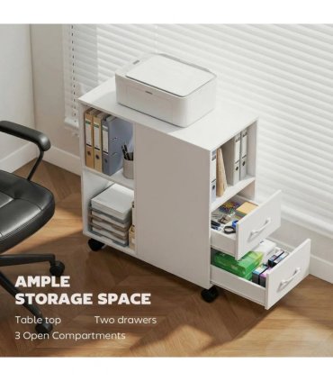 HOMCOM Narrow Mobile Printer Table with Wheels, Rolling Printer Stand with Drawers for Home Office, 30 x 60 x 65 cm, White