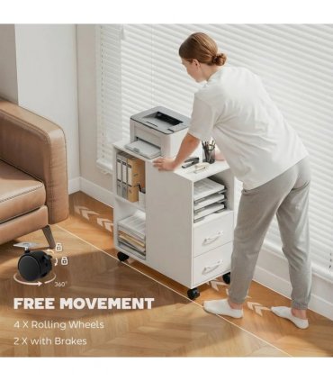 HOMCOM Narrow Mobile Printer Table with Wheels, Rolling Printer Stand with Drawers for Home Office, 30 x 60 x 65 cm, White