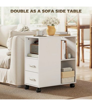 HOMCOM Narrow Mobile Printer Table with Wheels, Rolling Printer Stand with Drawers for Home Office, 30 x 60 x 65 cm, White