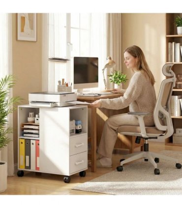 HOMCOM Narrow Mobile Printer Table with Wheels, Rolling Printer Stand with Drawers for Home Office, 30 x 60 x 65 cm, White