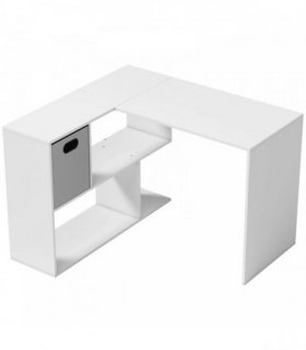 HOMCOM L Shaped Computer Desk, 110 x 100cm Reversible Corner Desk with Fabric Drawer and Storage Shelves, White