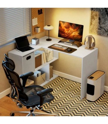 HOMCOM L Shaped Computer Desk, 110 x 100cm Reversible Corner Desk with Fabric Drawer and Storage Shelves, White