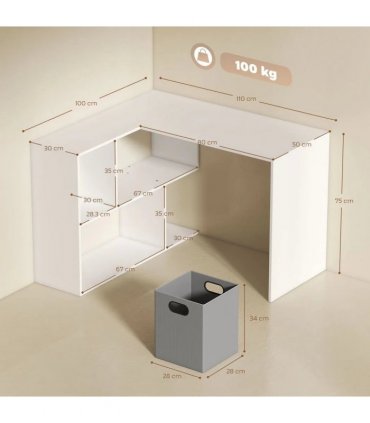 HOMCOM L Shaped Computer Desk, 110 x 100cm Reversible Corner Desk with Fabric Drawer and Storage Shelves, White