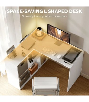 HOMCOM L Shaped Computer Desk, 110 x 100cm Reversible Corner Desk with Fabric Drawer and Storage Shelves, White