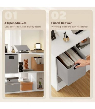 HOMCOM L Shaped Computer Desk, 110 x 100cm Reversible Corner Desk with Fabric Drawer and Storage Shelves, White