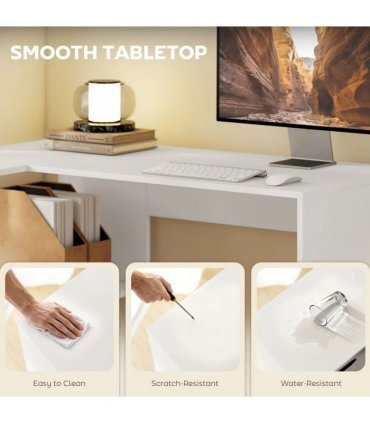 HOMCOM L Shaped Computer Desk, 110 x 100cm Reversible Corner Desk with Fabric Drawer and Storage Shelves, White