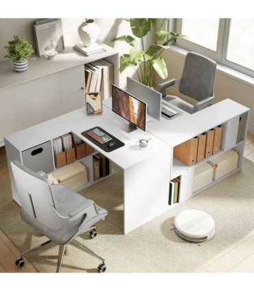 HOMCOM L Shaped Computer Desk, 110 x 100cm Reversible Corner Desk with Fabric Drawer and Storage Shelves, White