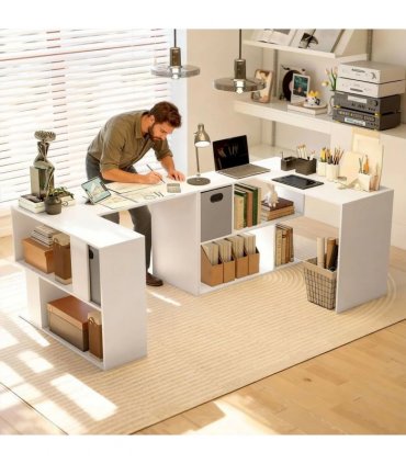 HOMCOM L Shaped Computer Desk, 110 x 100cm Reversible Corner Desk with Fabric Drawer and Storage Shelves, White