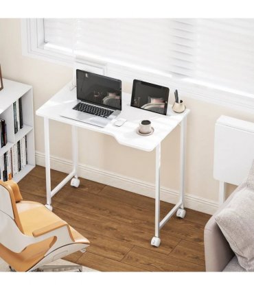 HOMCOM Small Folding Desk, with Wheels - White Wood-Effect