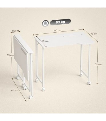 HOMCOM Small Folding Desk, with Wheels - White Wood-Effect