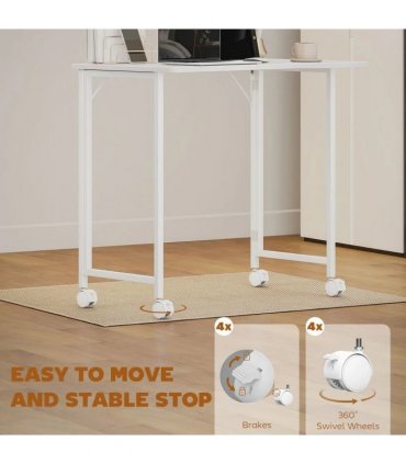 HOMCOM Small Folding Desk, with Wheels - White Wood-Effect