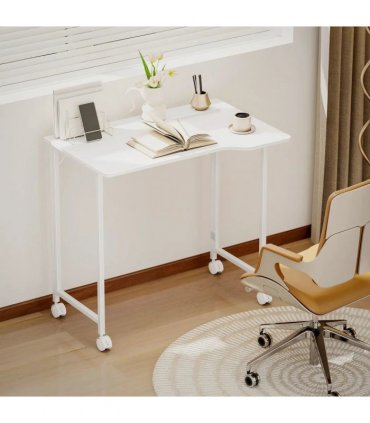 HOMCOM Small Folding Desk, with Wheels - White Wood-Effect