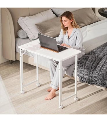 HOMCOM Small Folding Desk, with Wheels - White Wood-Effect