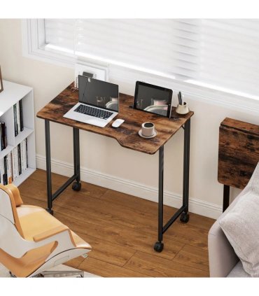 HOMCOM Folding Small Desk on Wheels - Rustic Brown