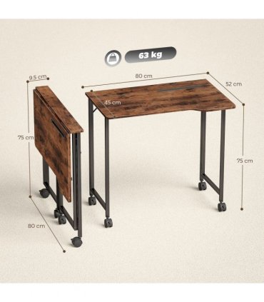 HOMCOM Folding Small Desk on Wheels - Rustic Brown