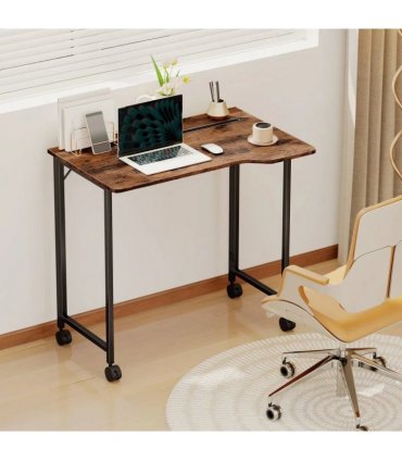 HOMCOM Folding Small Desk on Wheels - Rustic Brown