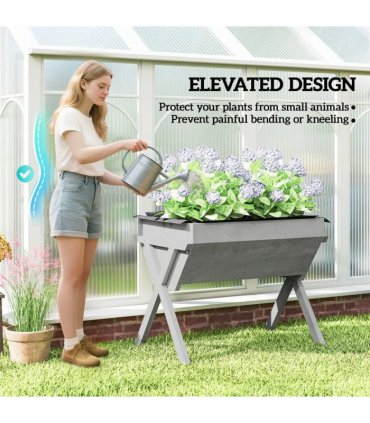 Outsunny Wooden Raised Garden Bed with Bed Liner, Elevated Planter Box with Legs, Light Grey