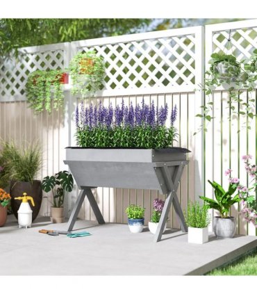 Outsunny Wooden Raised Garden Bed with Bed Liner, Elevated Planter Box with Legs, Light Grey
