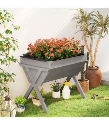 Outsunny Wooden Raised Garden Bed with Bed Liner, Elevated Planter Box with Legs, Light Grey