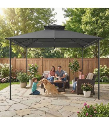 Outsunny 3 x 3 m Gazebo, Garden Gazebo with 2-Tier Roof, Metal Frame, Dark Grey