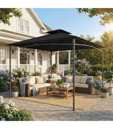 Outsunny 3 x 3 m Gazebo, Garden Gazebo with 2-Tier Roof, Metal Frame, Black
