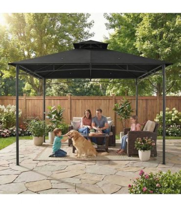 Outsunny 3 x 3 m Gazebo, Garden Gazebo with 2-Tier Roof, Metal Frame, Black