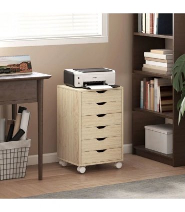 HOMCOM 6 Drawer Vertical File Cabinet, Mobile Filing Cabinet with Quiet Drawers and Wheels with 2 Brakes, Oak Wood Effect
