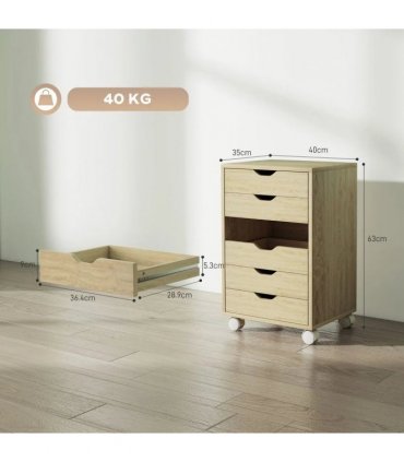 HOMCOM 6 Drawer Vertical File Cabinet, Mobile Filing Cabinet with Quiet Drawers and Wheels with 2 Brakes, Oak Wood Effect
