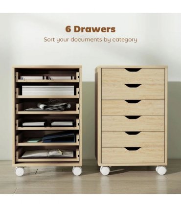 HOMCOM 6 Drawer Vertical File Cabinet, Mobile Filing Cabinet with Quiet Drawers and Wheels with 2 Brakes, Oak Wood Effect