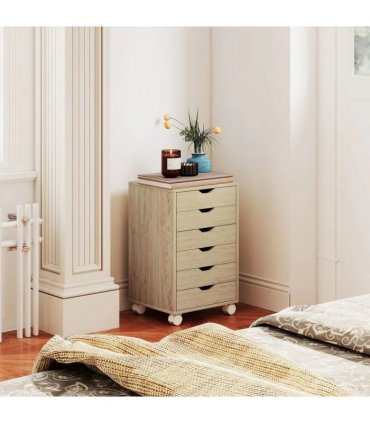 HOMCOM 6 Drawer Vertical File Cabinet, Mobile Filing Cabinet with Quiet Drawers and Wheels with 2 Brakes, Oak Wood Effect