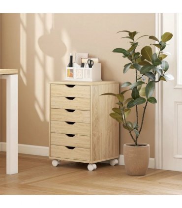 HOMCOM 6 Drawer Vertical File Cabinet, Mobile Filing Cabinet with Quiet Drawers and Wheels with 2 Brakes, Oak Wood Effect