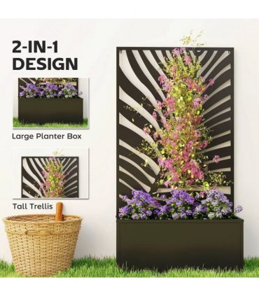 Outsunny Metal Garden Bed for Garden with Trellis, Wall Mounted or Freestanding Raised Planter with Privacy Screen