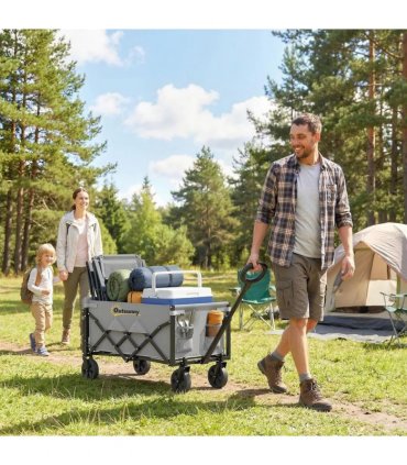 Outsunny 60L Foldable Festival Trolley on Wheels, Collapsible Wagon Cart with Drop-Down Tailgate, Adjustable Handle, Grey