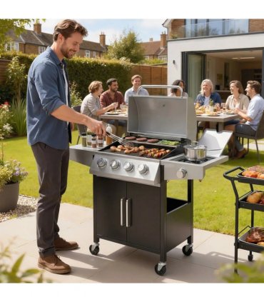Outsunny 4 Burner Gas BBQ Grill with Side Burner, 14.5 kW Steel Portable Gas Barbecue Grill with Built-in Thermometer, Lid