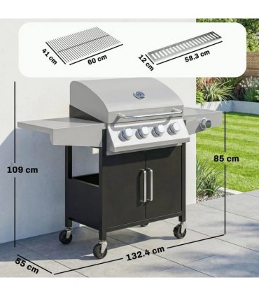 Outsunny 4 Burner Gas BBQ Grill with Side Burner, 14.5 kW Steel Portable Gas Barbecue Grill with Built-in Thermometer, Lid