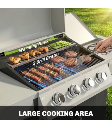 Outsunny 4 Burner Gas BBQ Grill with Side Burner, 14.5 kW Steel Portable Gas Barbecue Grill with Built-in Thermometer, Lid