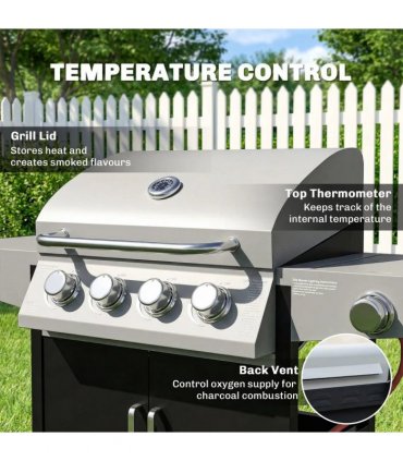 Outsunny 4 Burner Gas BBQ Grill with Side Burner, 14.5 kW Steel Portable Gas Barbecue Grill with Built-in Thermometer, Lid