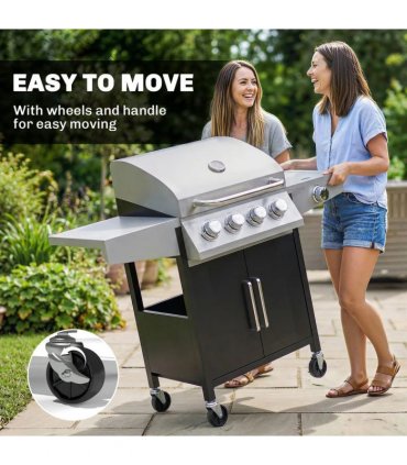 Outsunny 4 Burner Gas BBQ Grill with Side Burner, 14.5 kW Steel Portable Gas Barbecue Grill with Built-in Thermometer, Lid