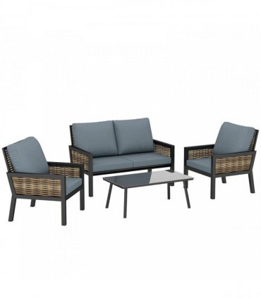 Outsunny 4 Seater Rattan Garden Furniture Set with 2 Armchairs, Loveseat, Coffee Table, Garden Sofa Set with Cushions, Grey