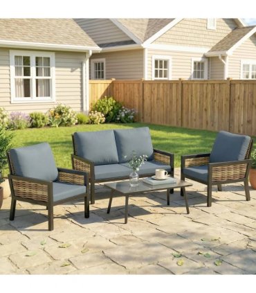 Outsunny 4 Seater Rattan Garden Furniture Set with 2 Armchairs, Loveseat, Coffee Table, Garden Sofa Set with Cushions, Grey