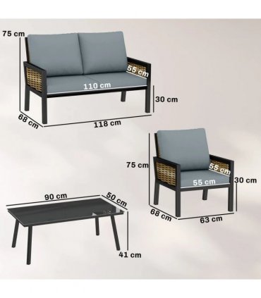 Outsunny 4 Seater Rattan Garden Furniture Set with 2 Armchairs, Loveseat, Coffee Table, Garden Sofa Set with Cushions, Grey