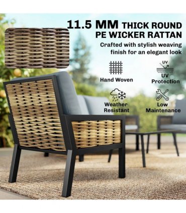 Outsunny 4 Seater Rattan Garden Furniture Set with 2 Armchairs, Loveseat, Coffee Table, Garden Sofa Set with Cushions, Grey