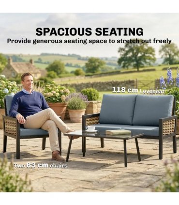 Outsunny 4 Seater Rattan Garden Furniture Set with 2 Armchairs, Loveseat, Coffee Table, Garden Sofa Set with Cushions, Grey