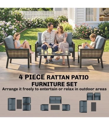 Outsunny 4 Seater Rattan Garden Furniture Set with 2 Armchairs, Loveseat, Coffee Table, Garden Sofa Set with Cushions, Grey