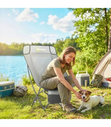 Outsunny Camping Chair for Adults Heavy Duty Folding Camp Chair with Side Pocket and Carry Bag Light Grey